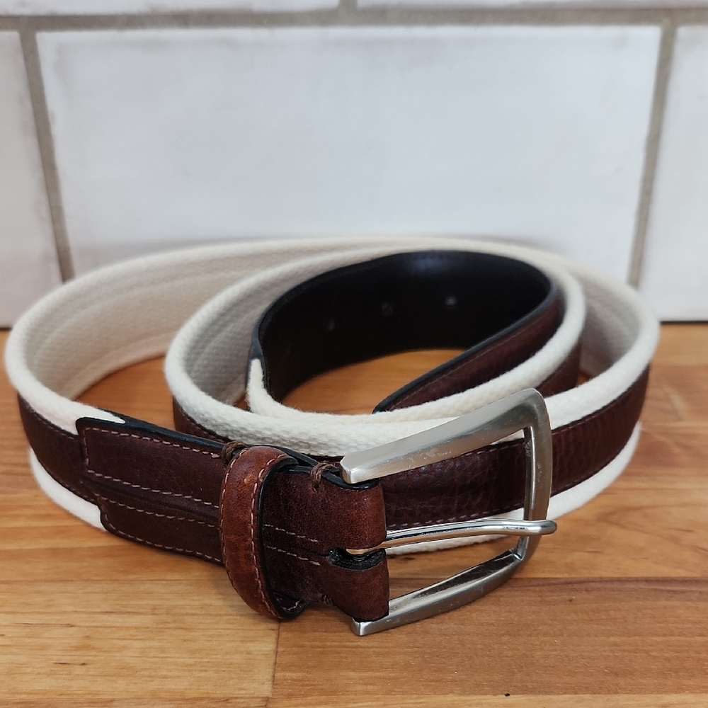 Perry Ellis Men's Brown and White Canvas & Leather Belt